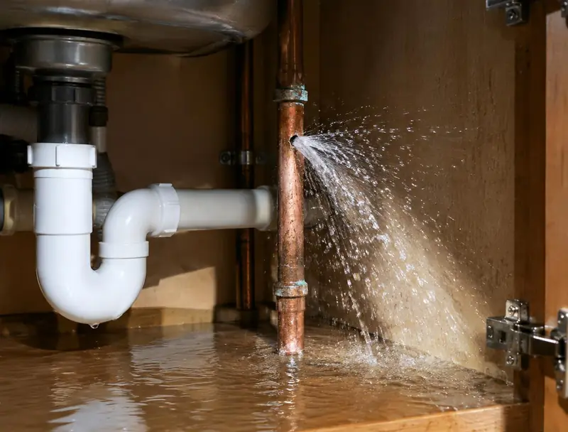 Burst pipe leaking under a sink