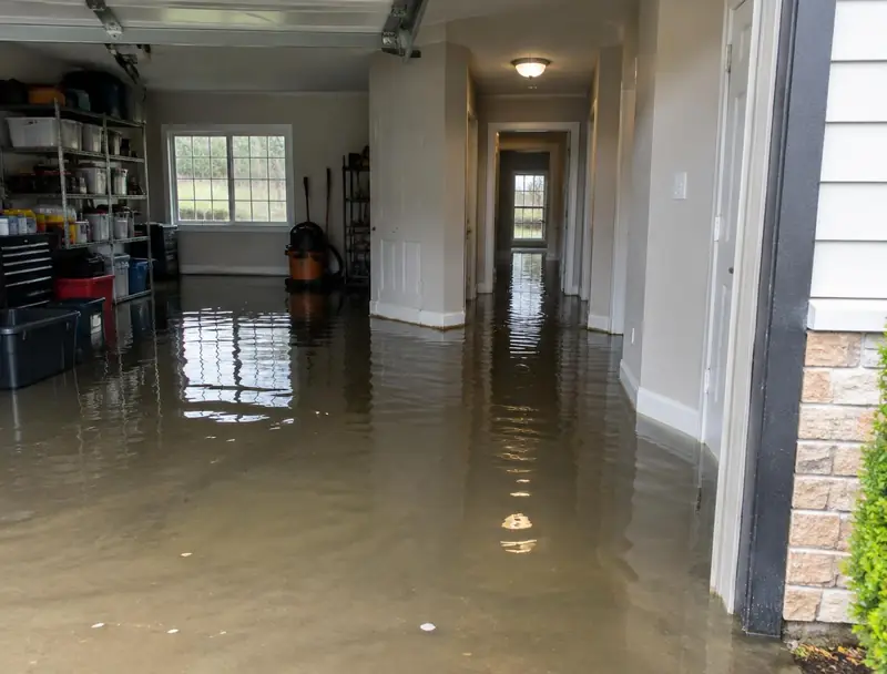 Standing water in a garage and hallway