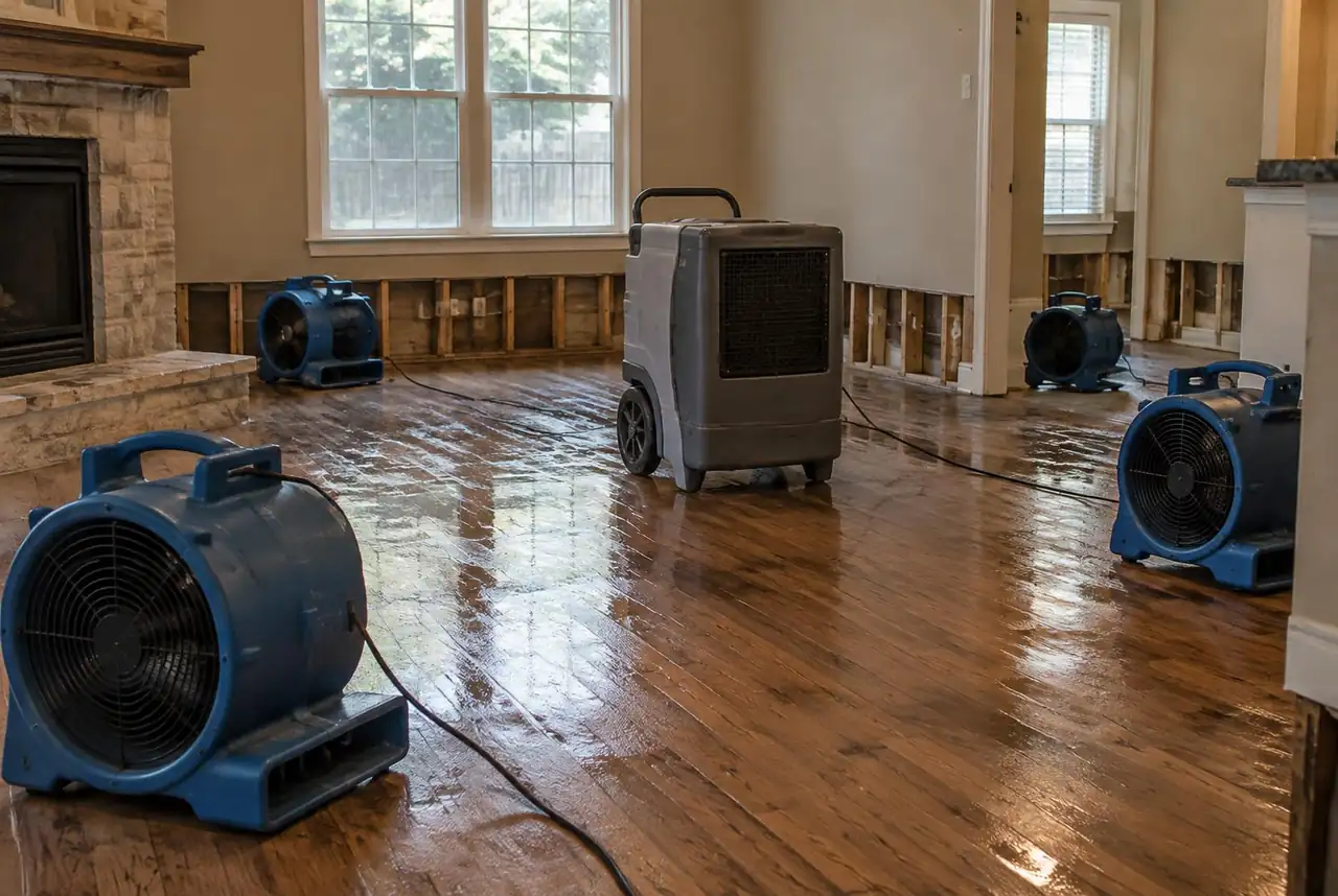 Drying equipment in a water-damaged living room